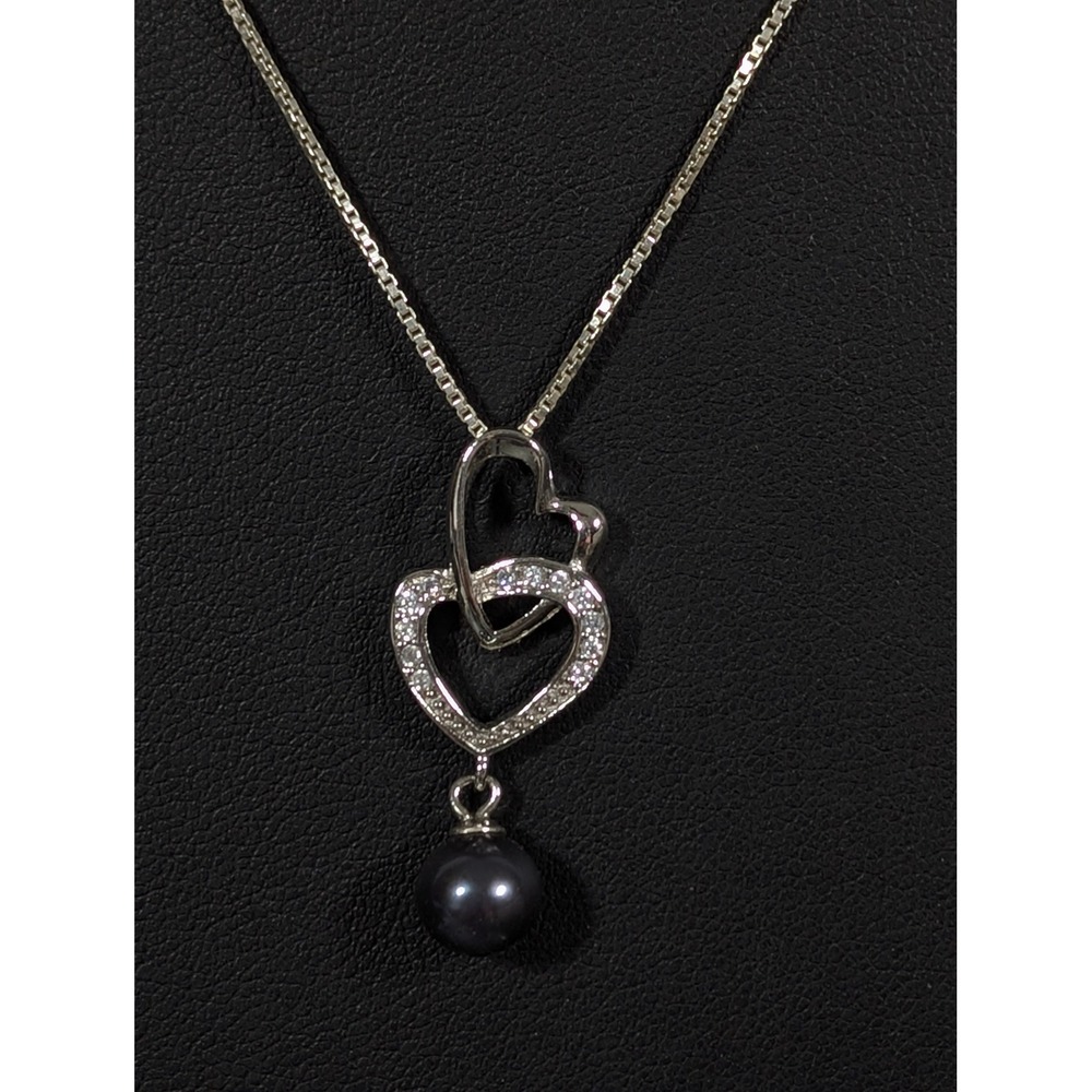 Sterling Silver 925 Gray Pearl & CZ Necklace 18" Classic Elegant Pendant